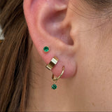 Hoop with Prong Set Emerald Charm in Solid 14k Yellow Gold
