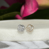 Gemstone Clover Flat Back Stud Earrings Milgrain Set in Solid 14k White Gold