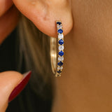 Alternating Blue and White Sapphire Hoop Earrings in Solid 10k Yellow Gold