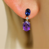 Dangling Oval Sapphire and Amethyst Earrings in Solid 10k Yellow Gold