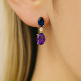 Dangling Oval Sapphire and Amethyst Earrings in Solid 10k Yellow Gold