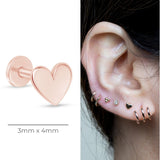 Minimalist Heart Flat Back Stud Earrings in Solid 14k Rose Gold