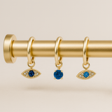 Hoop with Blue Topaz Evil Eye Charm in Solid 14k Yellow Gold