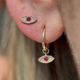 Hoop with Sapphire Evil Eye Charm in Solid 14k Yellow Gold