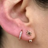 Blue Diamond Flower & Ball Reversible Huggie Hoop in Solid 14k Rose Gold