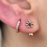 Blue Diamond Flower & Ball Reversible Huggie Hoop in Solid 14k Rose Gold