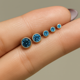 Round Blue Topaz Flat Back Stud Earrings Bezel Set in Solid 14k Yellow Gold