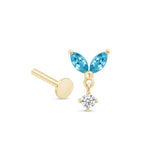 Blue Topaz Double Marquise Drop Flat Back Stud Earrings in Solid 14k Yellow Gold