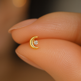 Diamond Crescent Moon Flat Back Stud Earrings in Solid 14k Yellow Gold