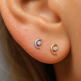 Diamond Crescent Moon Flat Back Stud Earrings in Solid 14k White Gold
