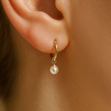 Hoop with Pearl Charm in Solid 14k Yellow Gold