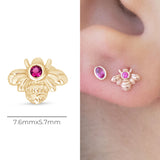 Pink Ruby Bee Flat Back Stud Earrings in Solid 14k Yellow Gold