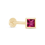 Princess Cut Pink Ruby Flat Back Stud Earrings Bezel Set in Solid 14k Yellow Gold