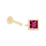 Princess Cut Pink Ruby Flat Back Stud Earrings Bezel Set in Solid 14k Yellow Gold