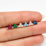 Pink Ruby Trinity Cluster Flat Back Stud Earrings in Solid 14k Yellow Gold