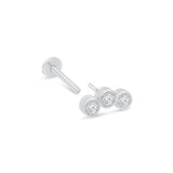 Triple Gemstone Flat Back Stud Earrings Milgrain Set in Solid 14k White Gold