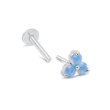 Blue Opal Trinity Cluster Flat Back Stud Earrings in Solid 14k White Gold