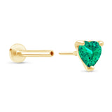 Emerald Heart Flat Back Stud Earrings in Solid 14k Yellow Gold