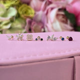 Gemstone Clover Flat Back Stud Earrings Milgrain Set in Solid 14k Yellow Gold