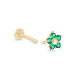 Emerald Flower Flat Back Stud Earrings in Solid 14k Yellow Gold