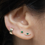 Emerald Evil Eye Flat Back Stud Earrings in Solid 14k Yellow Gold