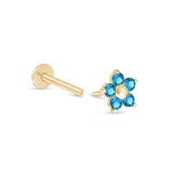 Blue Topaz Flower Flat Back Stud Earrings in Solid 14k Yellow Gold
