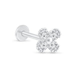 Beaded Four Petal Flower Diamond Flat Back Stud Earrings in Solid 14k White Gold
