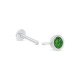 Round Emerald Flat Back Stud Earrings Bezel Set in Solid 14k White Gold