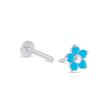 Turquoise Flower Flat Back Stud Earrings in Solid 14k White Gold