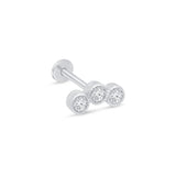Triple Gemstone Flat Back Stud Earrings Milgrain Set in Solid 14k White Gold