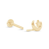 Crescent Moon and Star Flat Back Stud Earrings in Solid 14k Yellow Gold