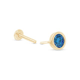Round Blue Topaz Flat Back Stud Earrings Bezel Set in Solid 14k Yellow Gold