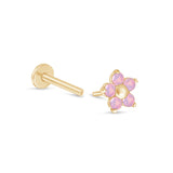 Pink Opal Flower Flat Back Stud Earrings in Solid 14k Yellow Gold