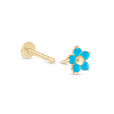Turquoise Flower Flat Back Stud Earrings in Solid 14k Yellow Gold