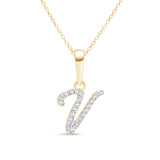 Cursive Diamond Initial Necklace in Solid 14k Yellow Gold - V