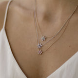 Sapphire and Diamond Pavé Flower Pendant Necklace in Solid 14k White Gold