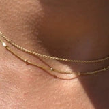 Beaded And Cuban Double Layer Chain Necklace in Solid 14k Yellow Gold