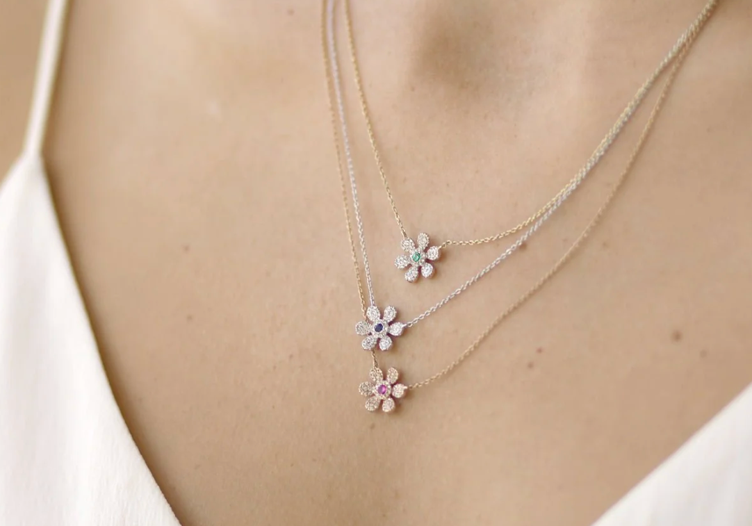 pink tourmaline and diamond pave flower necklace