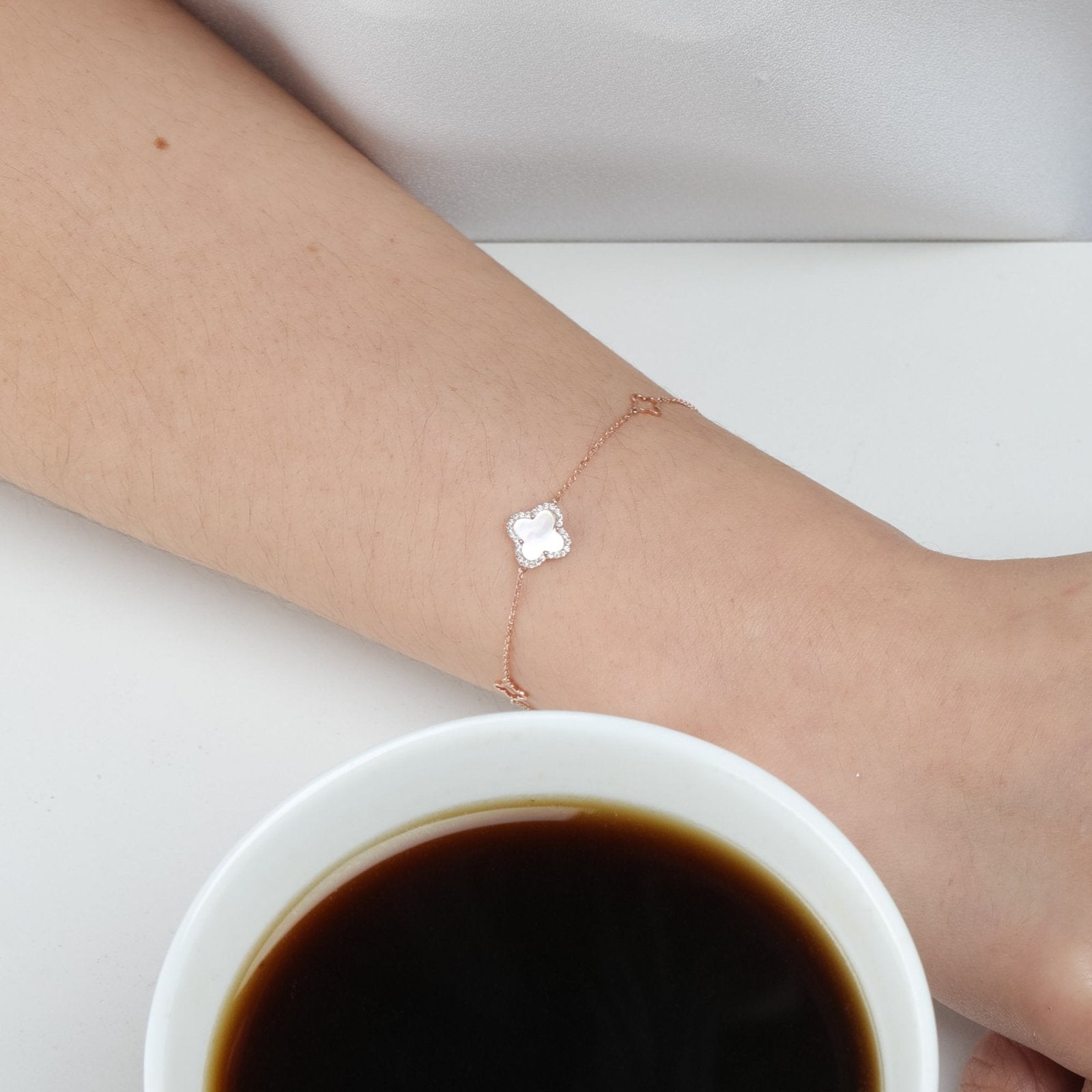 Mini Mother of Pearl and Diamond Halo Clover Station Bracelet Bracelets Estella Collection #product_description# 14k Birthstone Chain Bracelets #tag4# #tag5# #tag6# #tag7# #tag8# #tag9# #tag10#