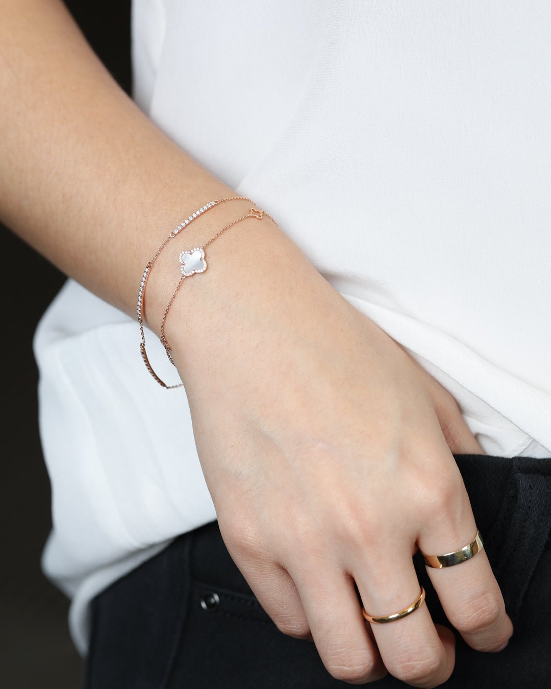 Mini Mother of Pearl and Diamond Halo Clover Station Bracelet Bracelets Estella Collection #product_description# 14k Birthstone Chain Bracelets #tag4# #tag5# #tag6# #tag7# #tag8# #tag9# #tag10#