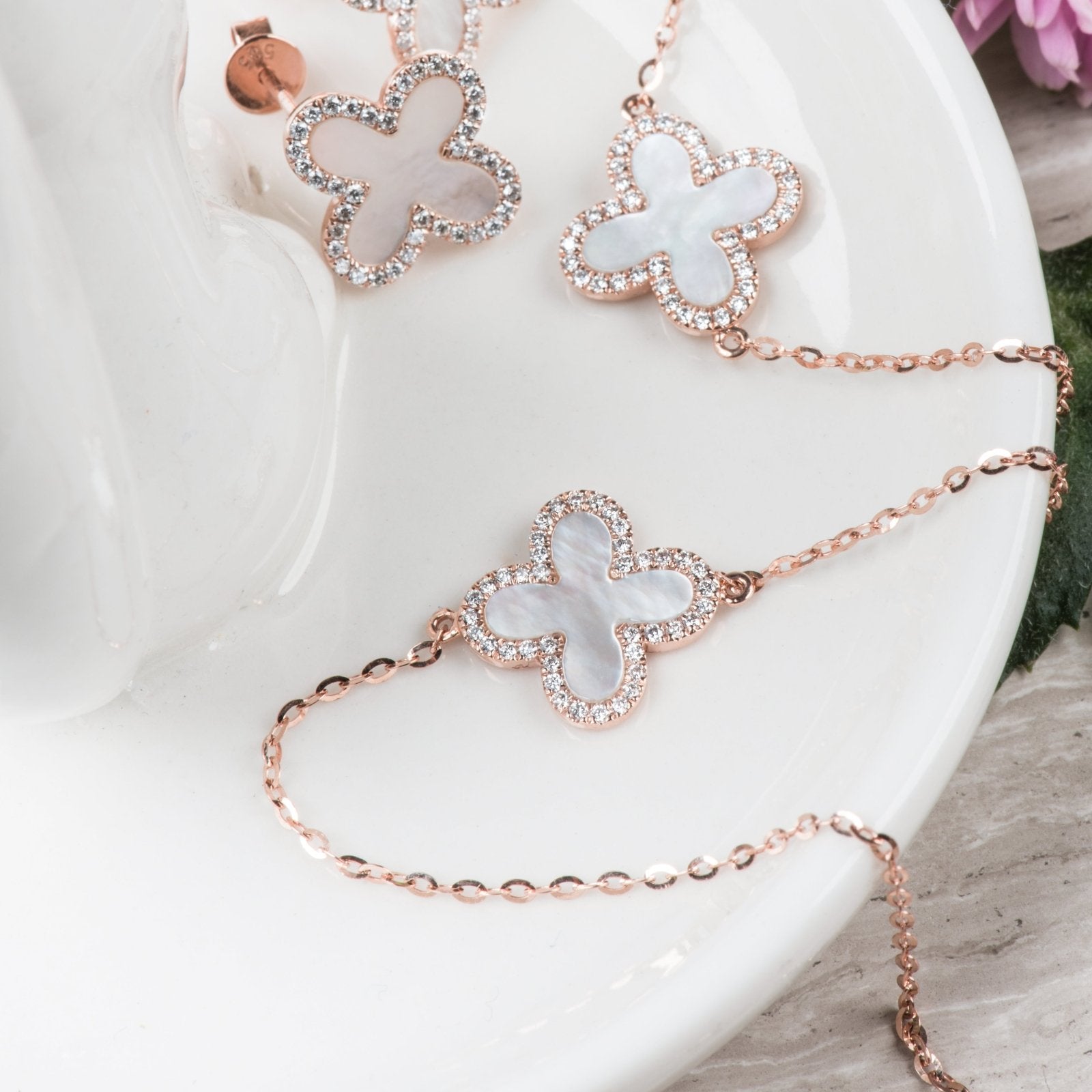 Mother of Pearl and Diamond Halo Clover Station Bracelet Bracelets Estella Collection #product_description# 14k Birthstone Chain Bracelets #tag4# #tag5# #tag6# #tag7# #tag8# #tag9# #tag10#
