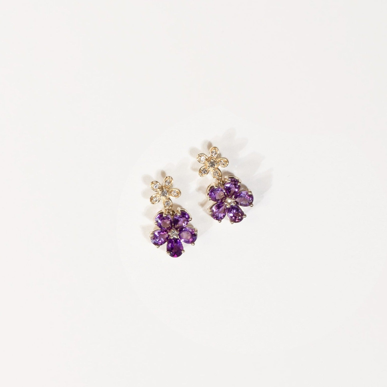 Double Flower Drop Stud Earrings in Amethyst and White Sapphire Earrings Estella Collection #product_description# 32670 10k Amethyst Birthstone #tag4# #tag5# #tag6# #tag7# #tag8# #tag9# #tag10#