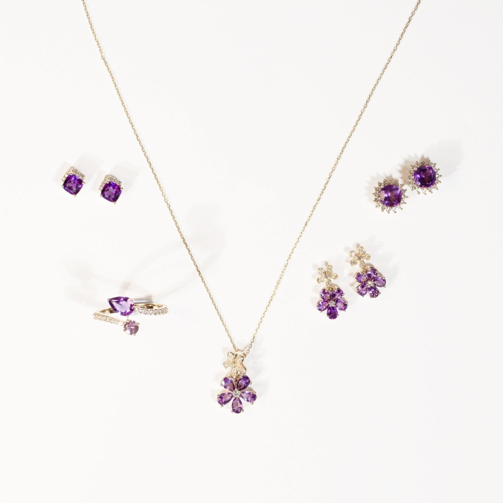 Double Flower Drop Stud Earrings in Amethyst and White Sapphire Earrings Estella Collection #product_description# 32670 10k Amethyst Birthstone #tag4# #tag5# #tag6# #tag7# #tag8# #tag9# #tag10#