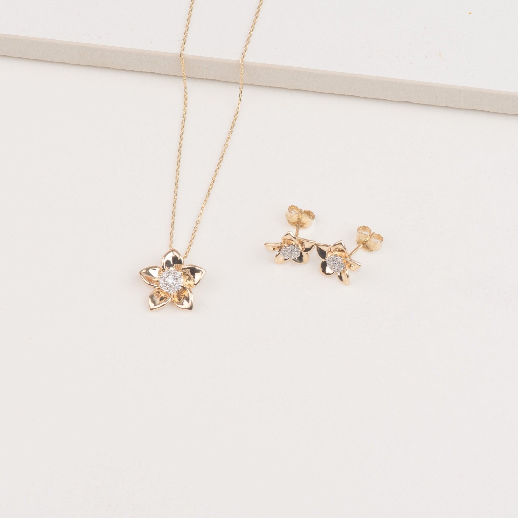 Diamond Pave Center Flower Pendant with Five Gold Petals Necklaces Estella Collection #product_description# 32738 10k April Birthstone Colorless Gemstone #tag4# #tag5# #tag6# #tag7# #tag8# #tag9# #tag10#