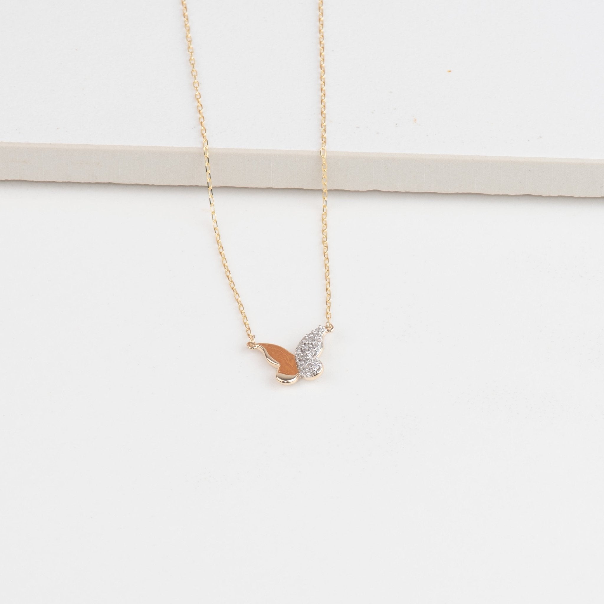 Half Gold Half Diamond Pave Butterfly Pendant Necklace Necklaces Estella Collection #product_description# 32706 10k April Birthstone Colorless Gemstone #tag4# #tag5# #tag6# #tag7# #tag8# #tag9# #tag10#
