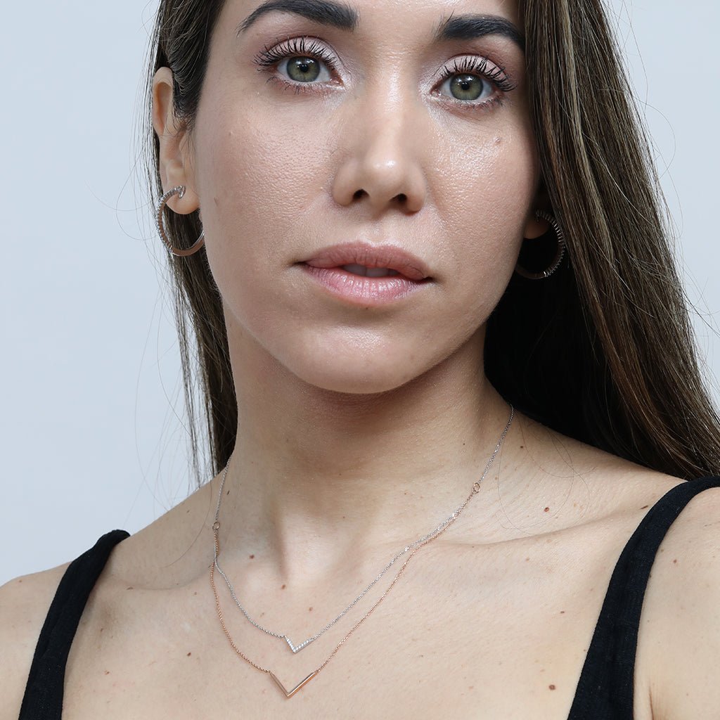 Diamond Double Chevron Necklace in Solid 14k Two-Tone White and Rose Gold Necklaces Estella Collection #product_description# Birthstone Birthstone Jewelry Colorless Gemstone #tag4# #tag5# #tag6# #tag7# #tag8# #tag9# #tag10#