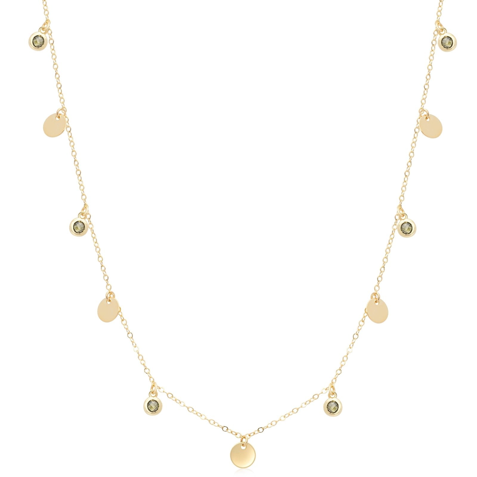 Gold Disc and Peridot Drop Station Necklace Bezel Necklaces Estella Collection #product_description# 14k Birthstone Gemstone #tag4# #tag5# #tag6# #tag7# #tag8# #tag9# #tag10#