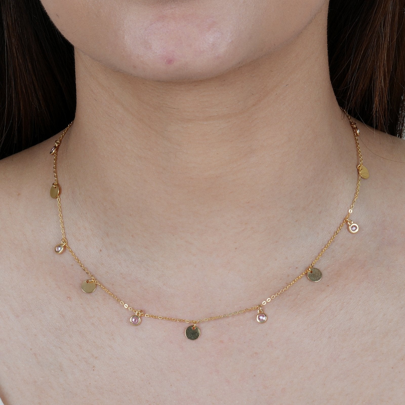 Gold Disc and Pink Tourmaline Drop Station Necklace Bezel Necklaces Estella Collection #product_description# 14k Birthstone Gemstone #tag4# #tag5# #tag6# #tag7# #tag8# #tag9# #tag10#