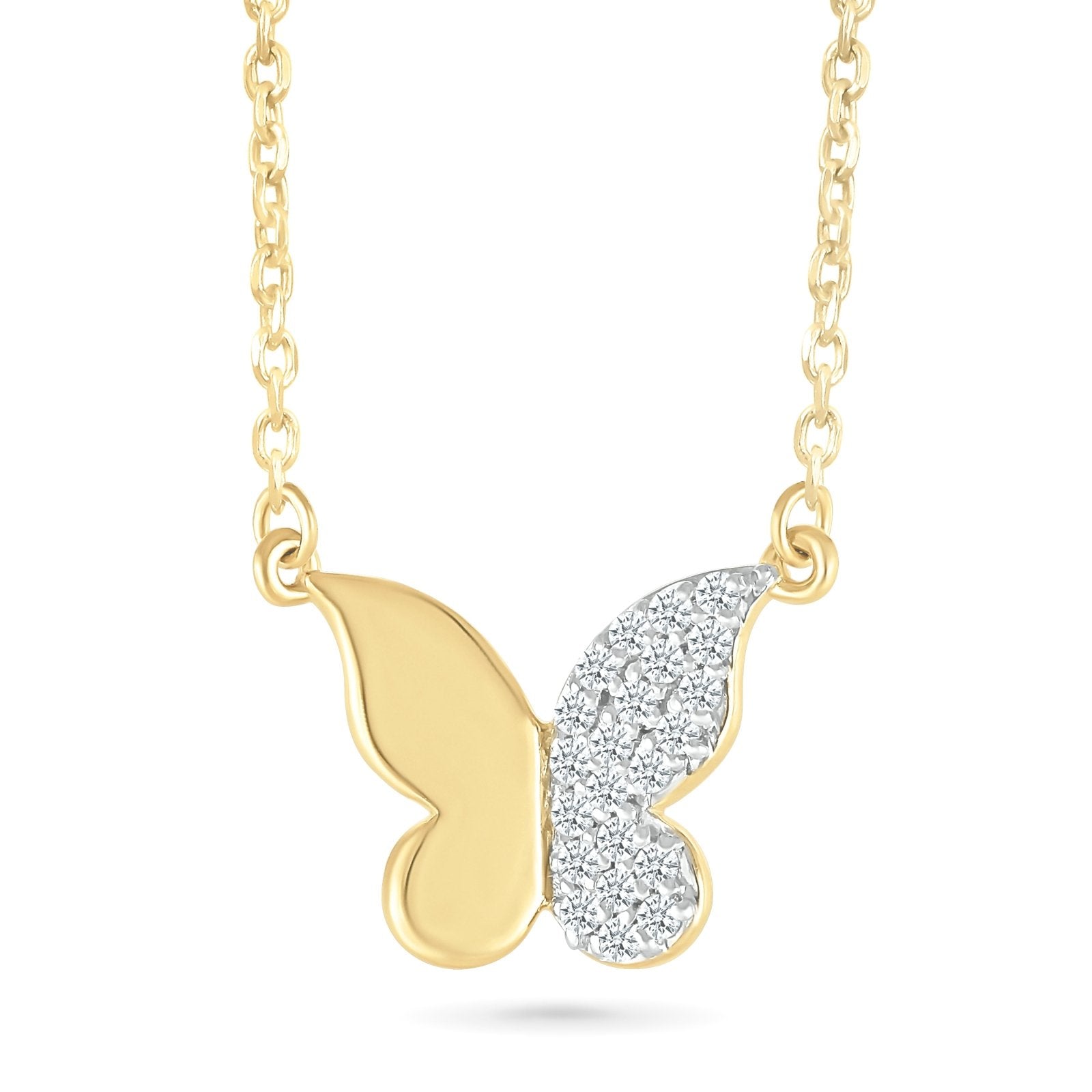 Half Gold Half Diamond Pave Butterfly Pendant Necklace Necklaces Estella Collection #product_description# 32706 10k April Birthstone Colorless Gemstone #tag4# #tag5# #tag6# #tag7# #tag8# #tag9# #tag10#