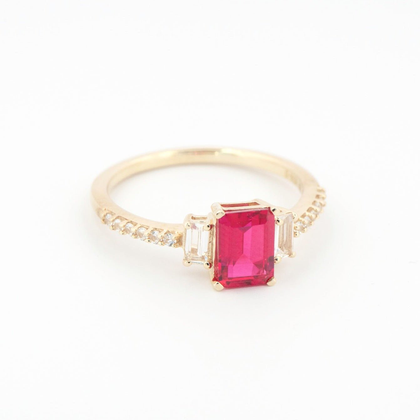 Three Stone Emerald Cut Ruby Ring with White Sapphire Band Rings Estella Collection #product_description# 32749 Made to Order Ruby White Sapphire #tag4# #tag5# #tag6# #tag7# #tag8# #tag9# #tag10#